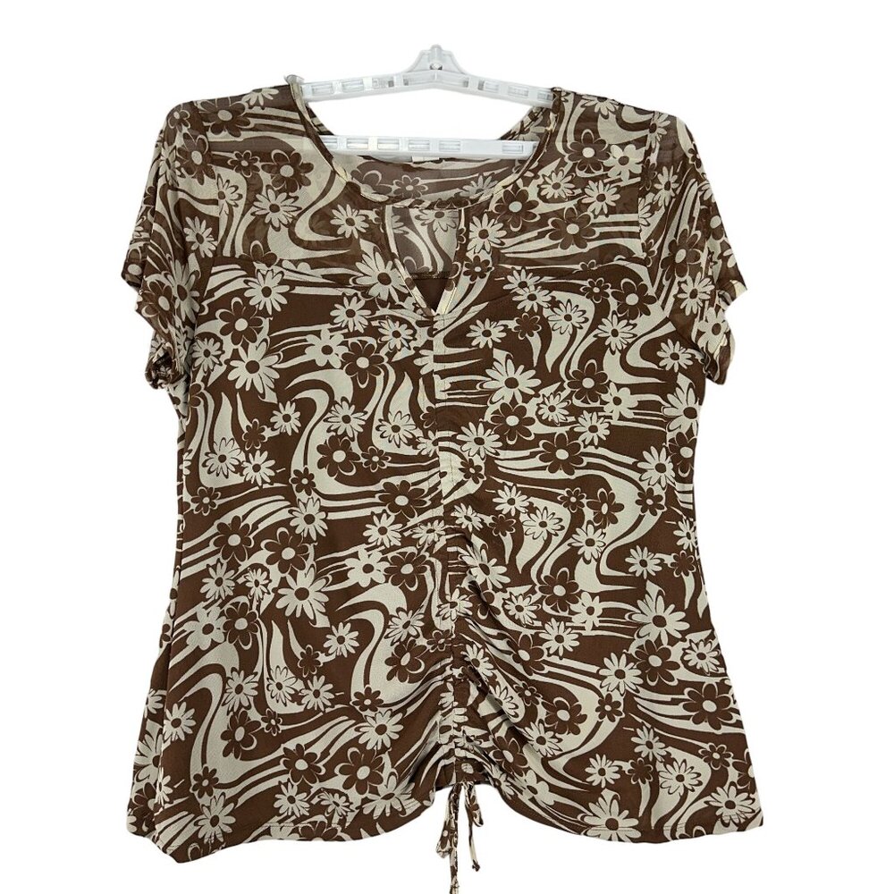 Cato Womens Floral Print Brown Ruched Front Blouse Size 18/20 Short Sleeve